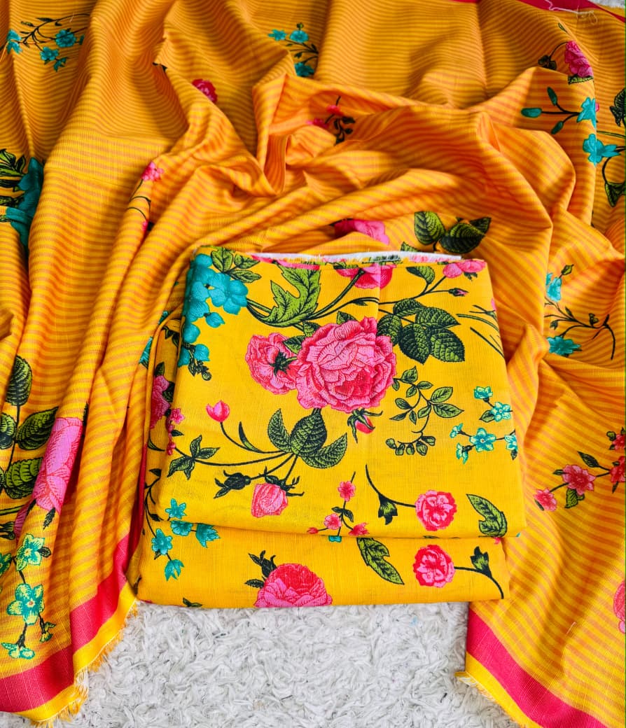Premium Digital Printed Khaddar 3 Piece Suit – Mustard Yellow Pink Floral Winter Collection | Sale Rs. 3,700 - Unstitched | Outfizia