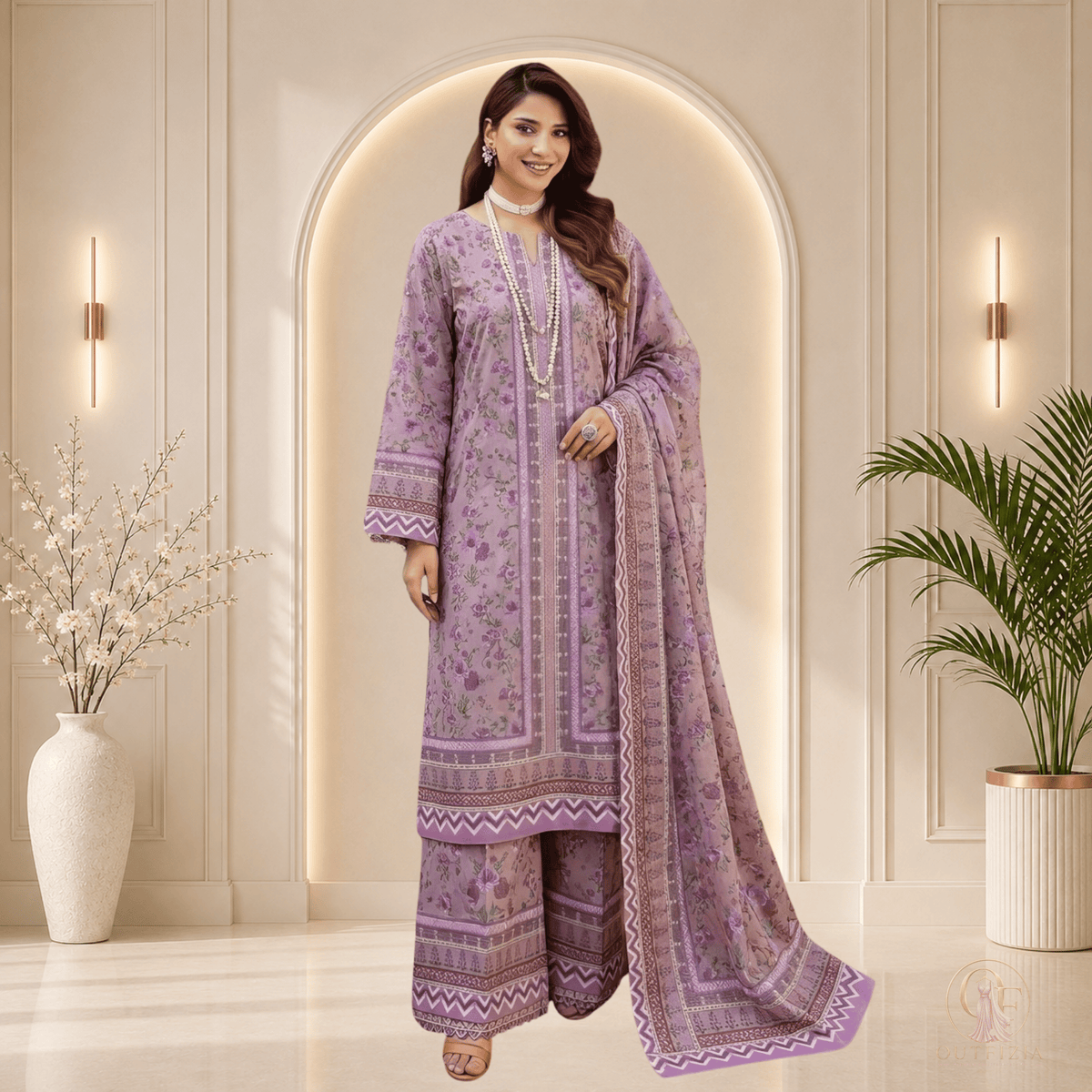 SAPPHIRE Lilac Purple Printed Shamooz Silk 3 Piece Suit - Unstitched | Outfizia