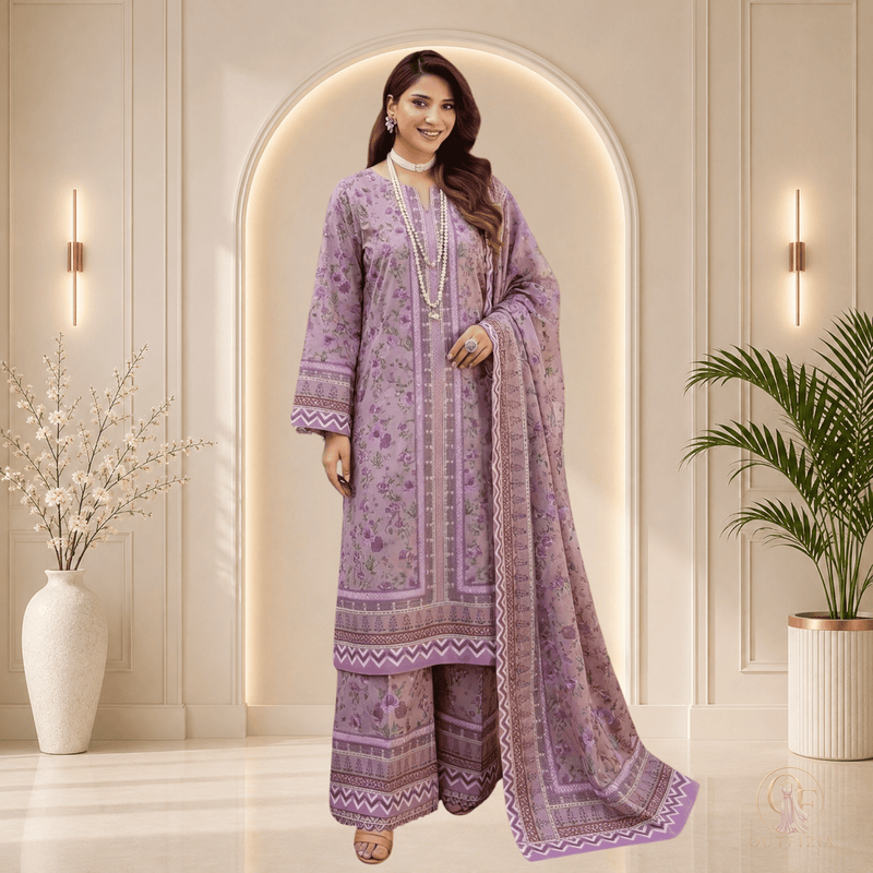SAPPHIRE Lilac Purple Printed Shamooz Silk 3 Piece Suit - Unstitched | Outfizia