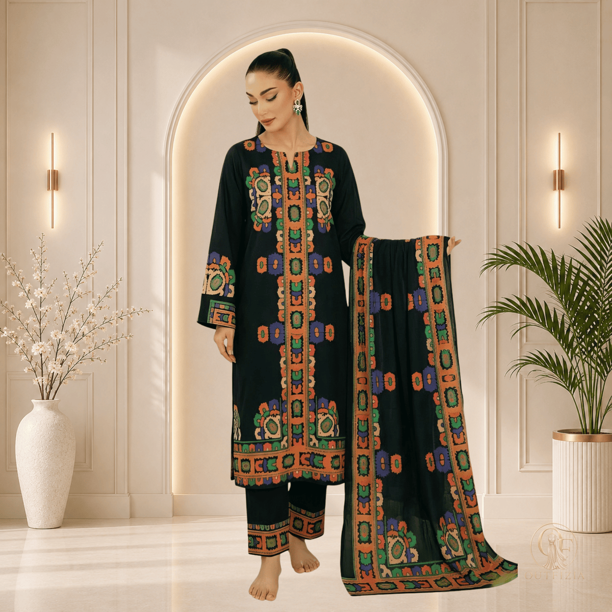 SAPPHIRE Black Printed Shamooz Silk 3 Piece Suit - Unstitched | Outfizia
