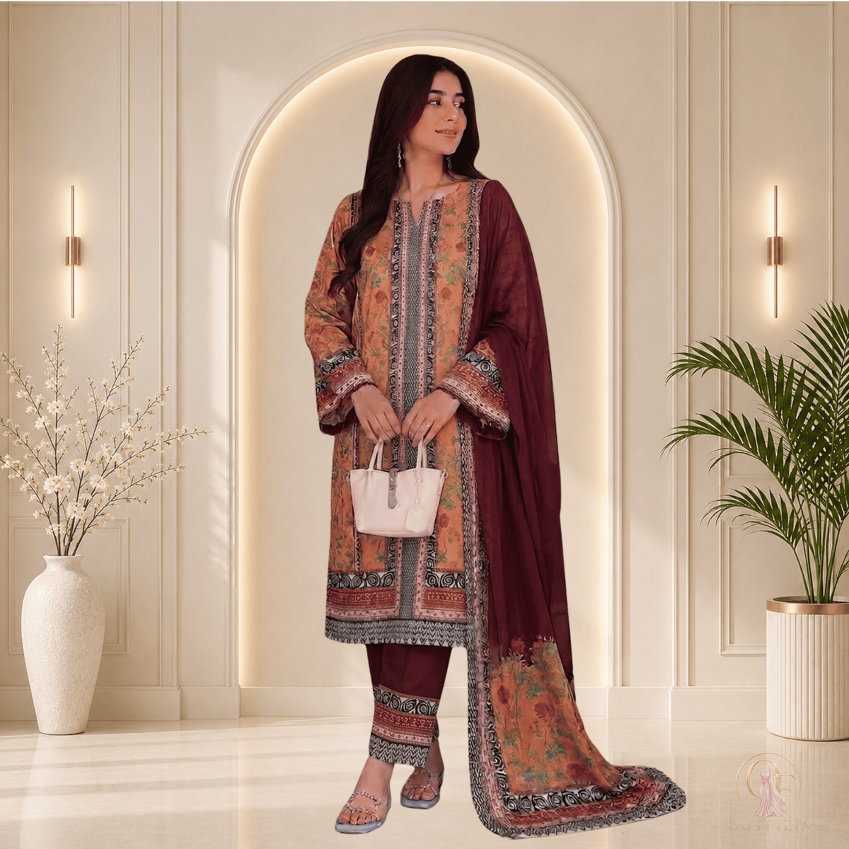 SAPPHIRE Printed Shamooz Silk 3 Piece Unstitched Suit - | Outfizia
