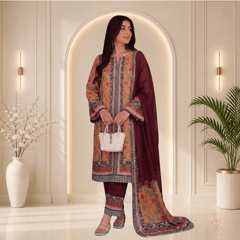 SAPPHIRE Printed Shamooz Silk 3 Piece Unstitched Suit - | Outfizia
