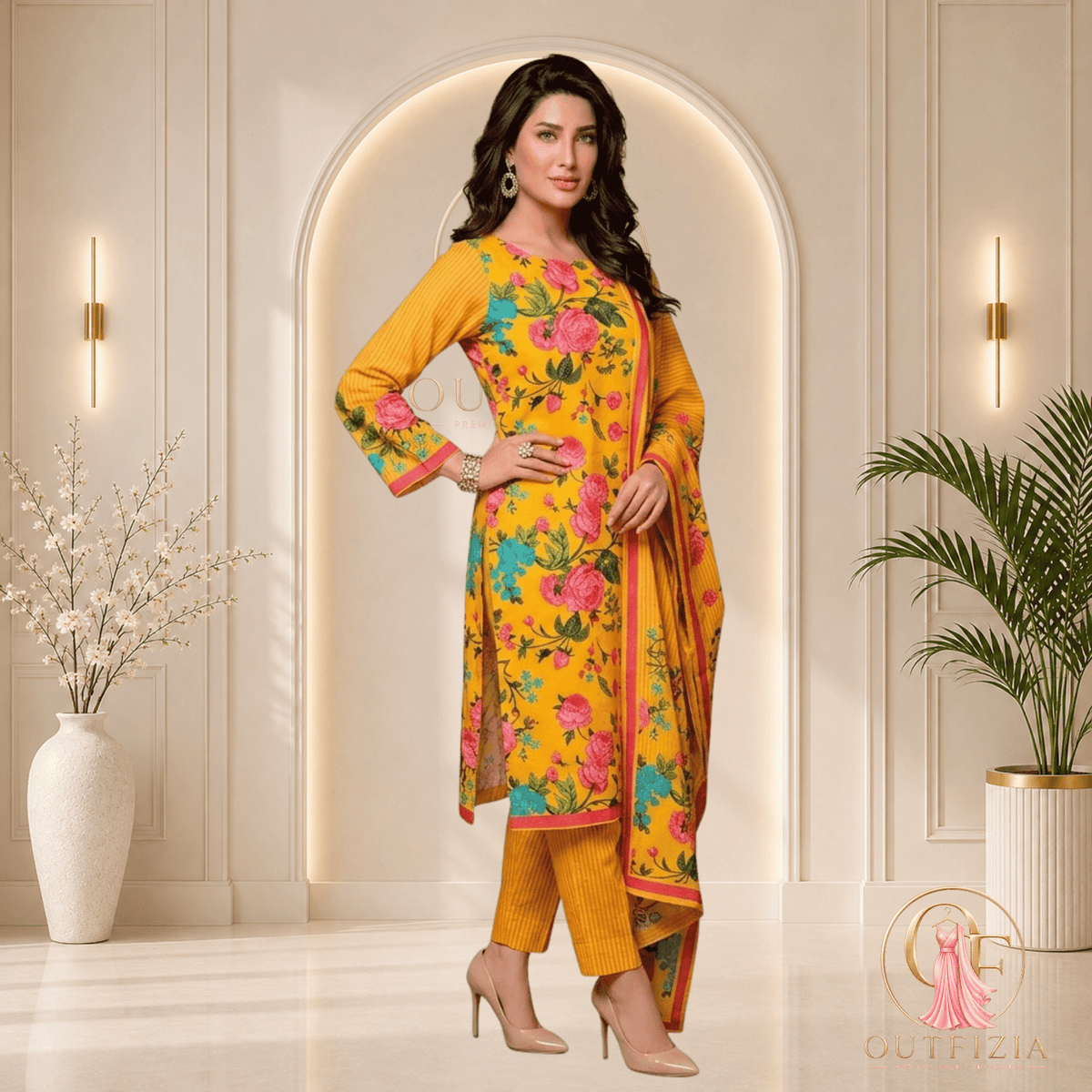 Premium Digital Printed Khaddar 3 Piece Suit – Mustard Yellow Pink Floral Winter Collection | Sale Rs. 3,700 - Unstitched | Outfizia