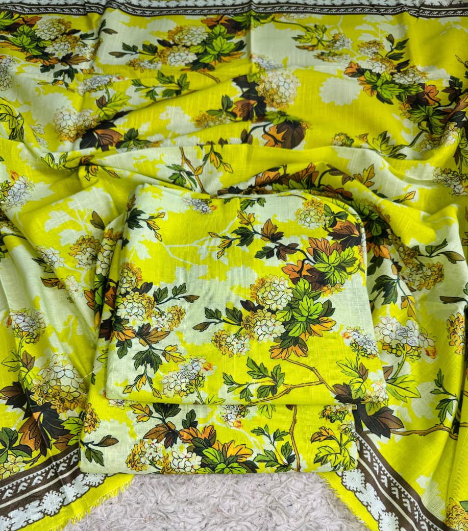 Olive-Lime Floral Digital Printed 3-Piece Khaddar Suit - Unstitched | Outfizia