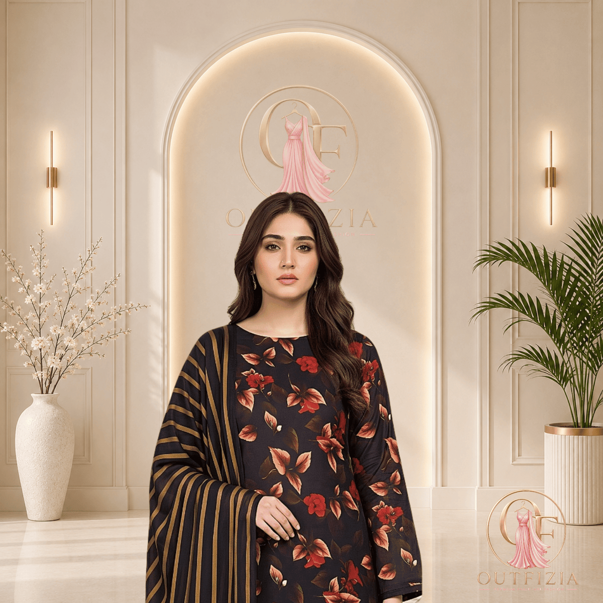 BAREEZE Digital Printed Lawn 3 Piece Unstitched Suit - Black Floral - | Outfizia