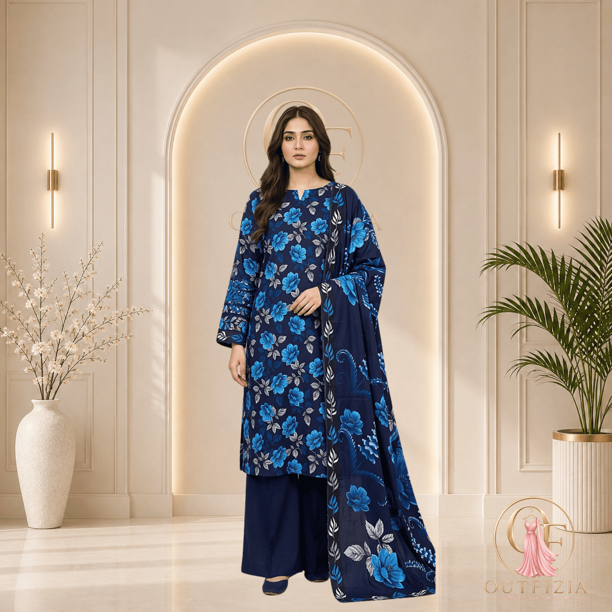 BAREEZE Digital Printed Vibe Lawn 3 Piece Unstitched Suit - Royal Blue Floral - Unstitched | Outfizia