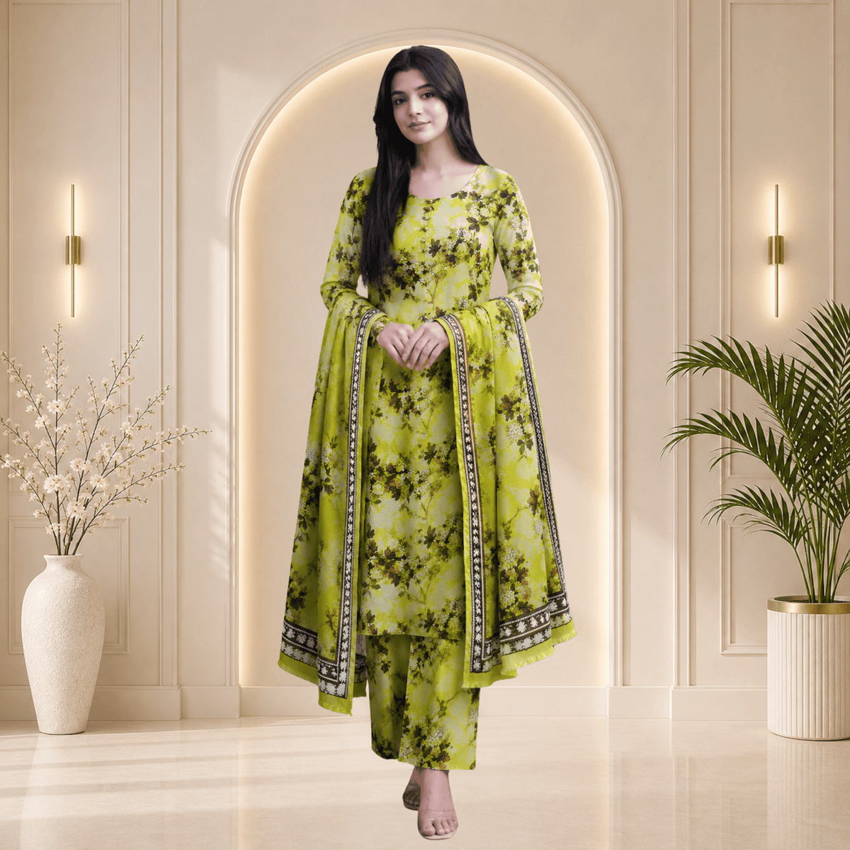 Olive-Lime Floral Digital Printed 3-Piece Khaddar Suit - Unstitched | Outfizia