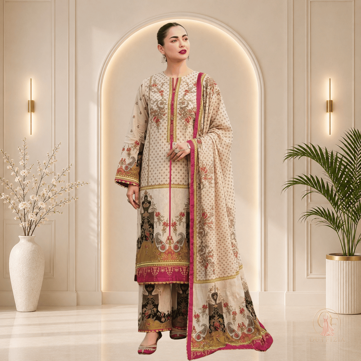 SAPPHIRE Printed Shamooz Silk 3 Piece Unstitched Suit - Unstitched | Outfizia