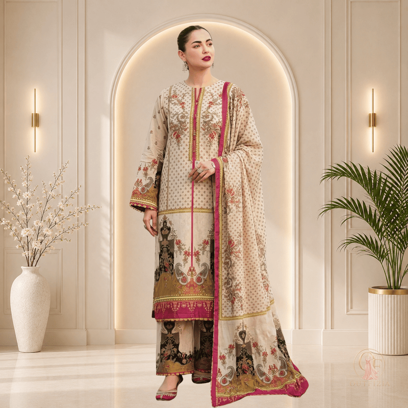 SAPPHIRE Printed Shamooz Silk 3 Piece Unstitched Suit - Unstitched | Outfizia