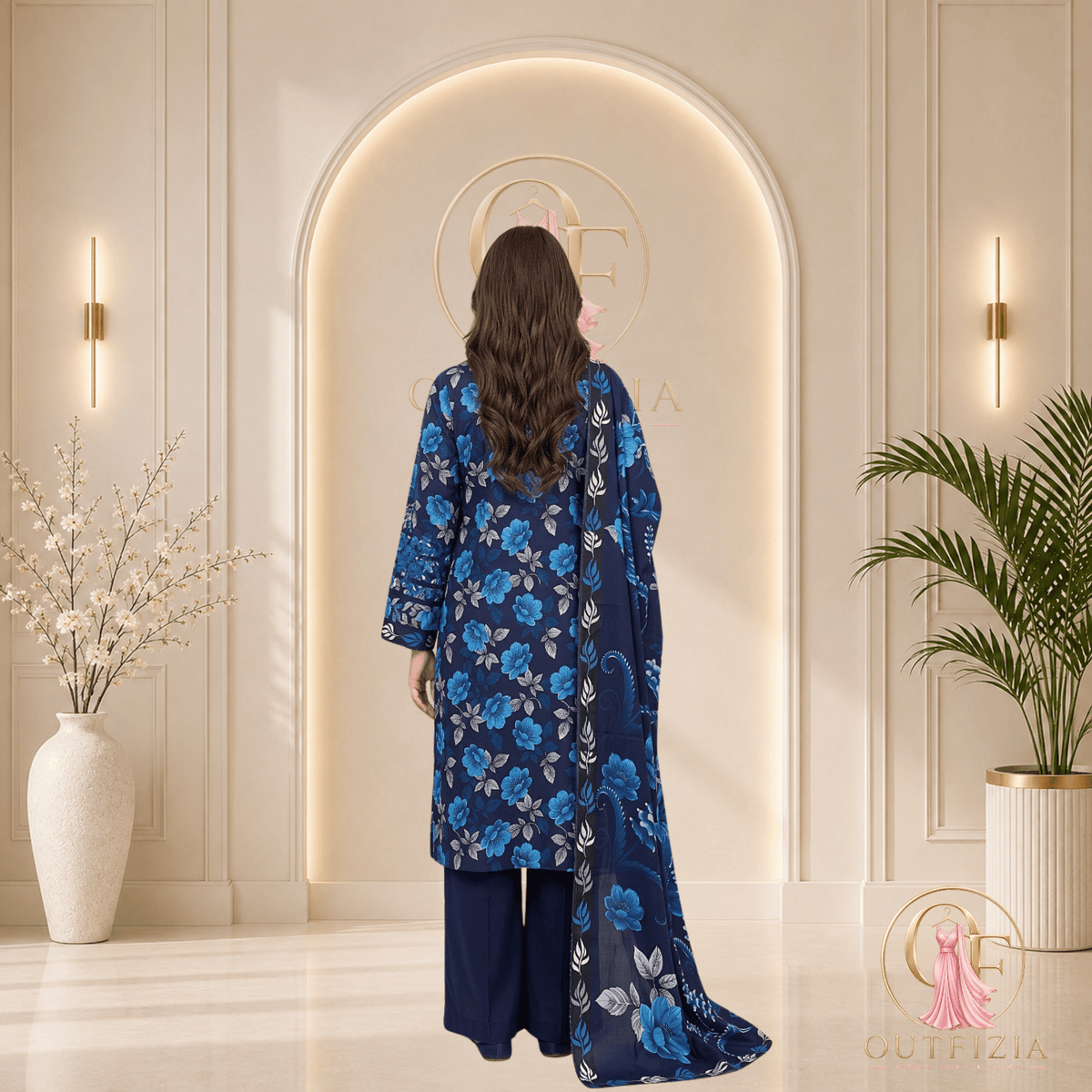 BAREEZE Digital Printed Vibe Lawn 3 Piece Unstitched Suit - Royal Blue Floral - Unstitched | Outfizia