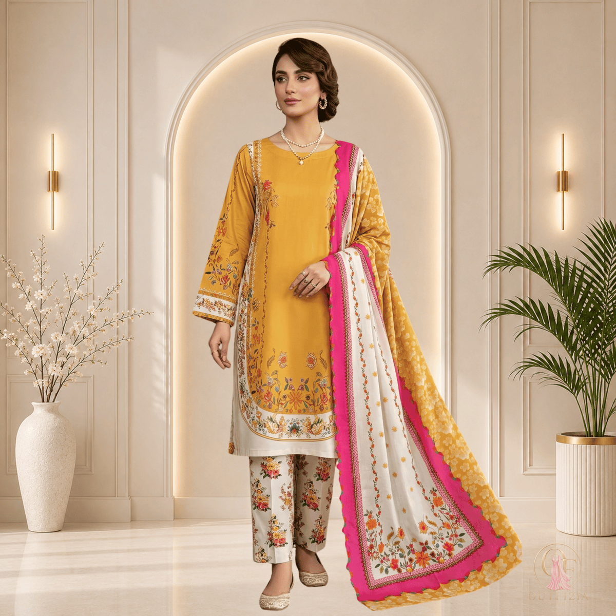 SAPPHIRE Printed Shamooz Silk 3 Piece Suit – Yellow & White - | Outfizia