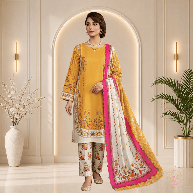 SAPPHIRE Printed Shamooz Silk 3 Piece Suit – Yellow & White - | Outfizia
