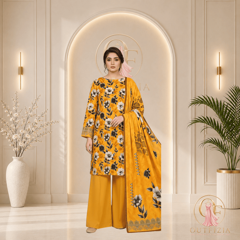 BAREEZE Digital Printed Lawn 3 Piece Unstitched Suit - Mustard Yellow Floral - Unstitched | Outfizia