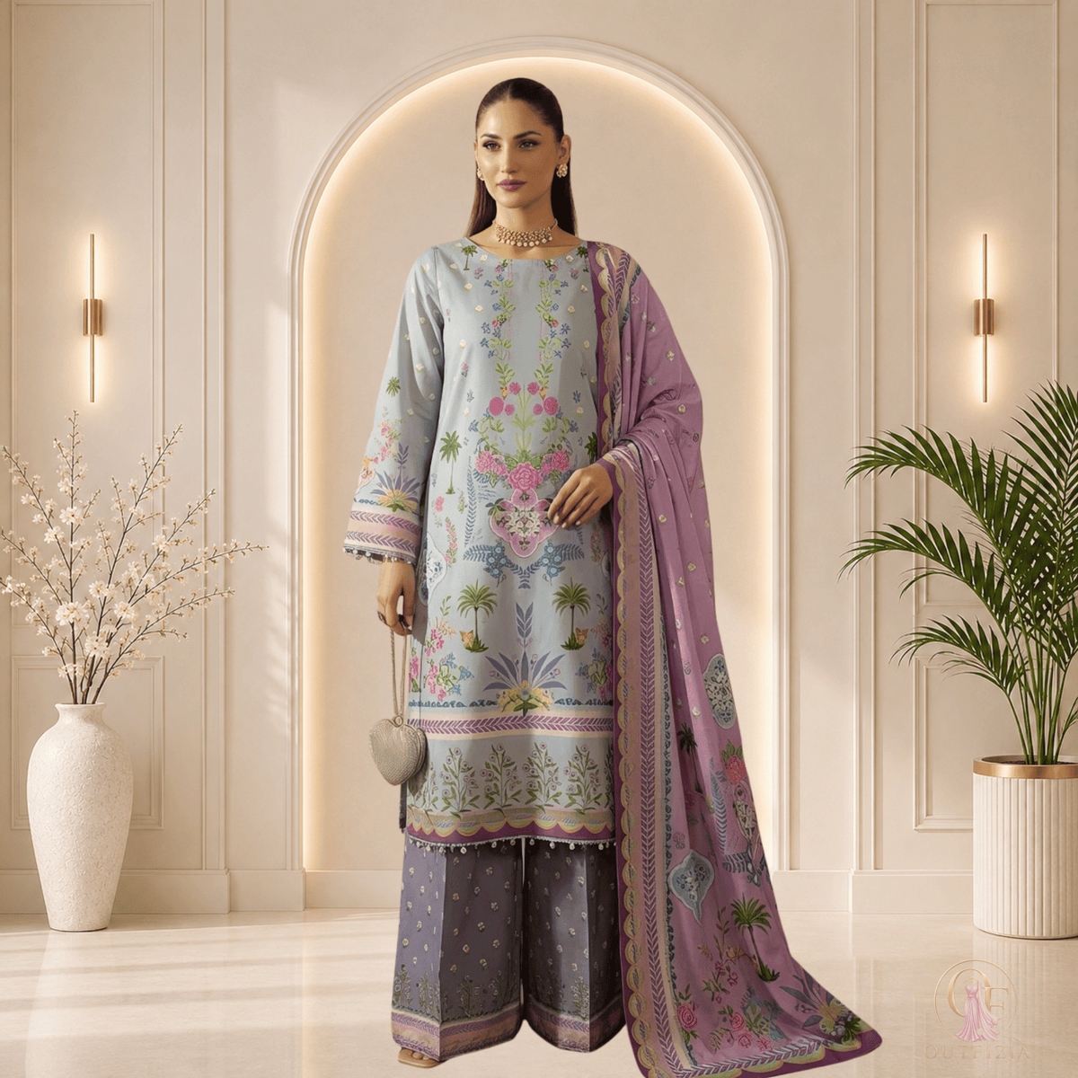 SAPPHIRE Printed Shamooz Silk 3 Piece Unstitched Suit - Unstitched | Outfizia