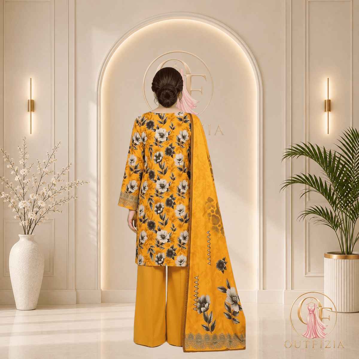 BAREEZE Digital Printed Lawn 3 Piece Unstitched Suit - Mustard Yellow Floral - Unstitched | Outfizia