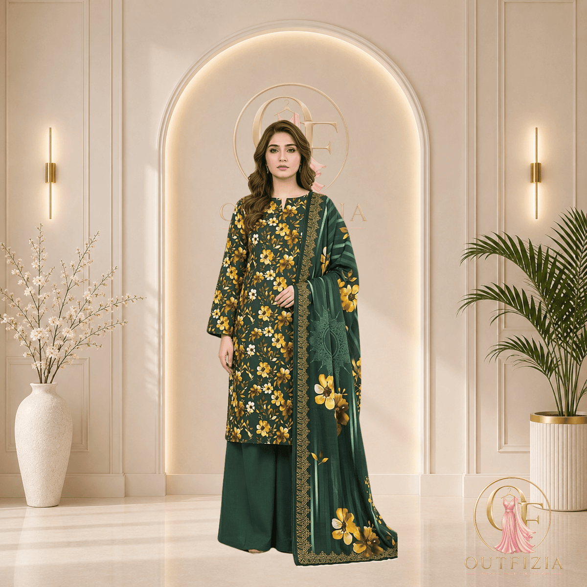BAREEZE Digital Printed Lawn 3 Piece Unstitched Suit - Bottle Green Floral - Unstitched | Outfizia