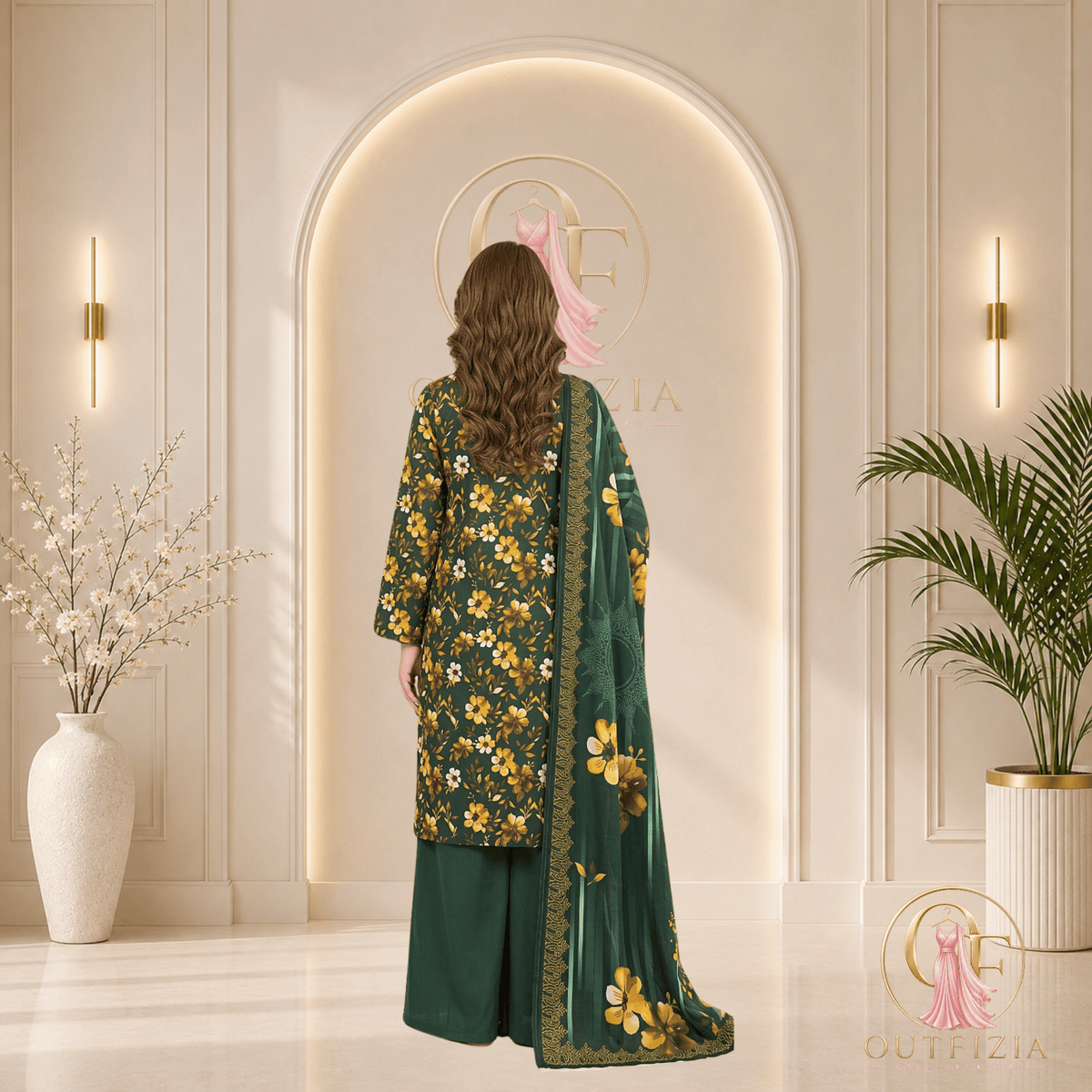 BAREEZE Digital Printed Lawn 3 Piece Unstitched Suit - Bottle Green Floral - Unstitched | Outfizia