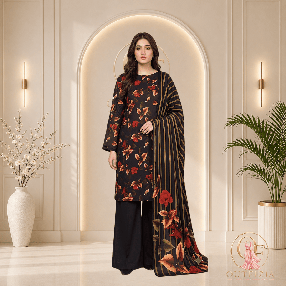 BAREEZE Digital Printed Lawn 3 Piece Unstitched Suit - Black Floral - | Outfizia
