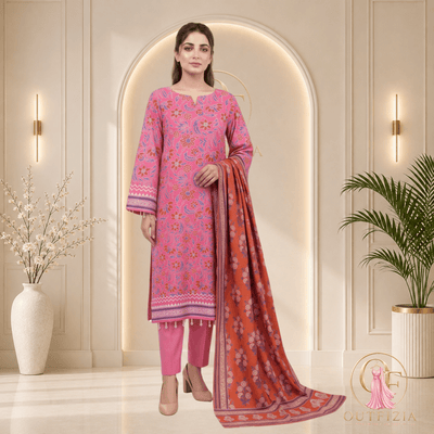 ZESH Bright Pink Printed Khaddar 3 Piece Suit with Rust Orange Shawl - Unstitched | Outfizia