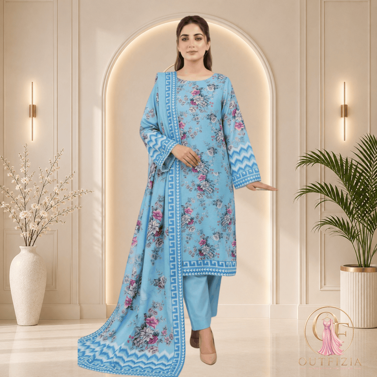 ZESH Sky Blue Printed Khaddar 3 Piece Suit with Floral Shawl - Unstitched | Outfizia