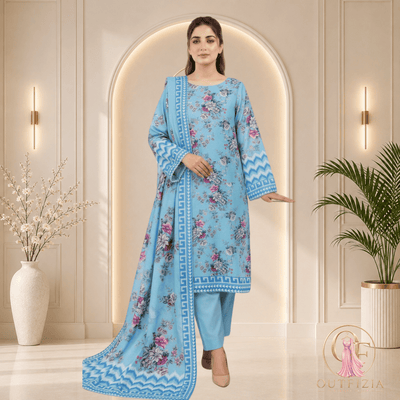 ZESH Sky Blue Printed Khaddar 3 Piece Suit with Floral Shawl - Unstitched | Outfizia