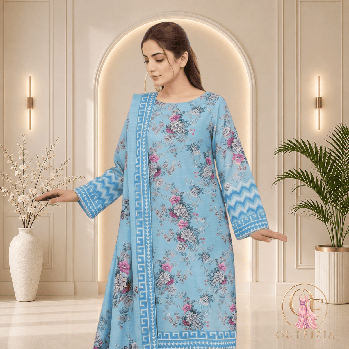 ZESH Sky Blue Printed Khaddar 3 Piece Suit with Floral Shawl - Unstitched | Outfizia