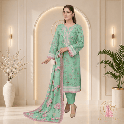 ZESH Mint Green Printed Khaddar 3 Piece Suit with Pink Floral Shawl - Unstitched | Outfizia