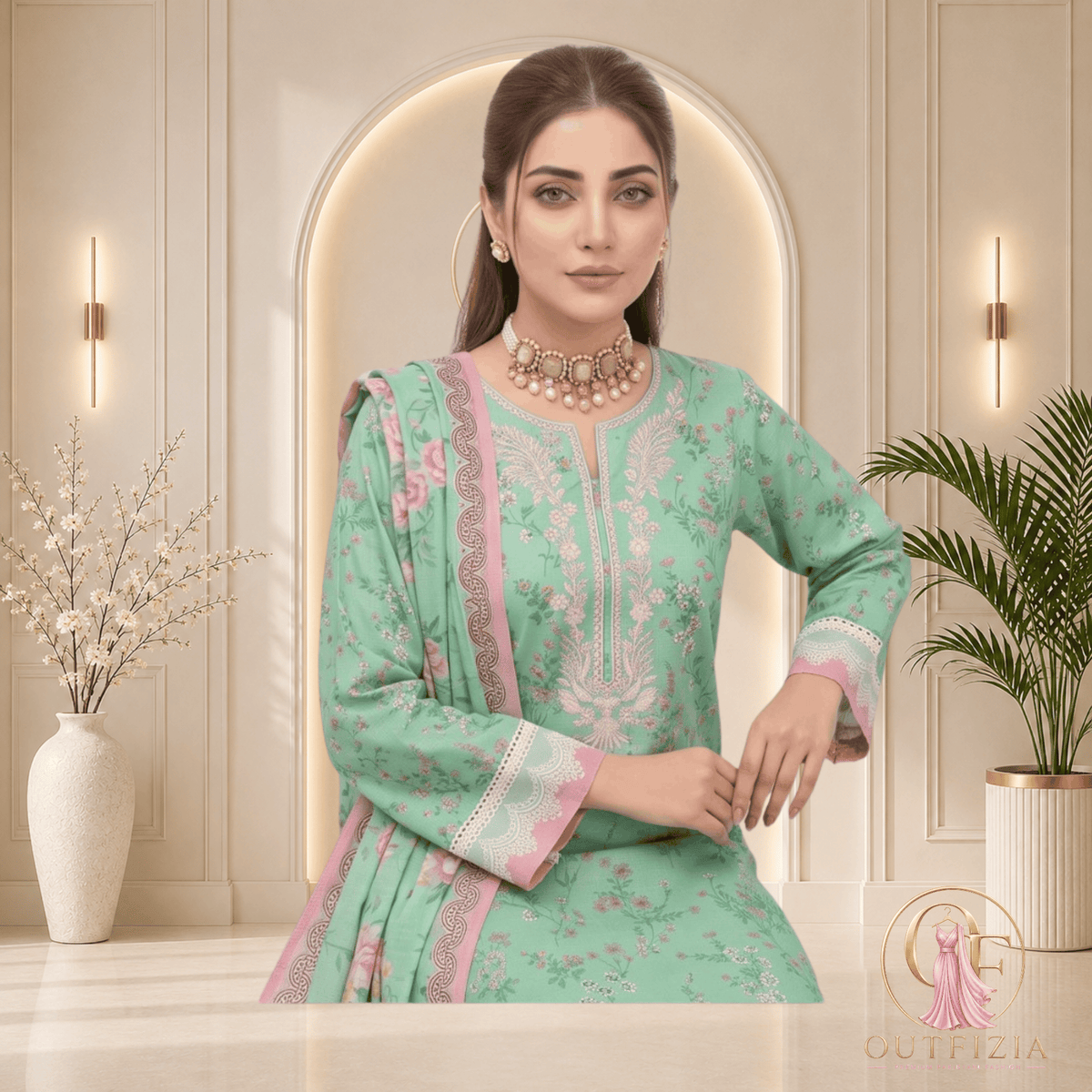 ZESH Mint Green Printed Khaddar 3 Piece Suit with Pink Floral Shawl - Unstitched | Outfizia