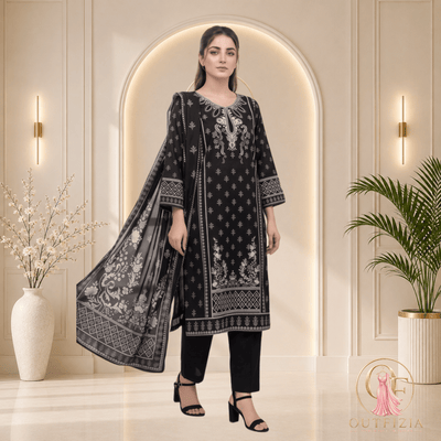 ZESH Jet Black Printed Khaddar 3 Piece Suit with Monochrome Shawl - Unstitched | Outfizia