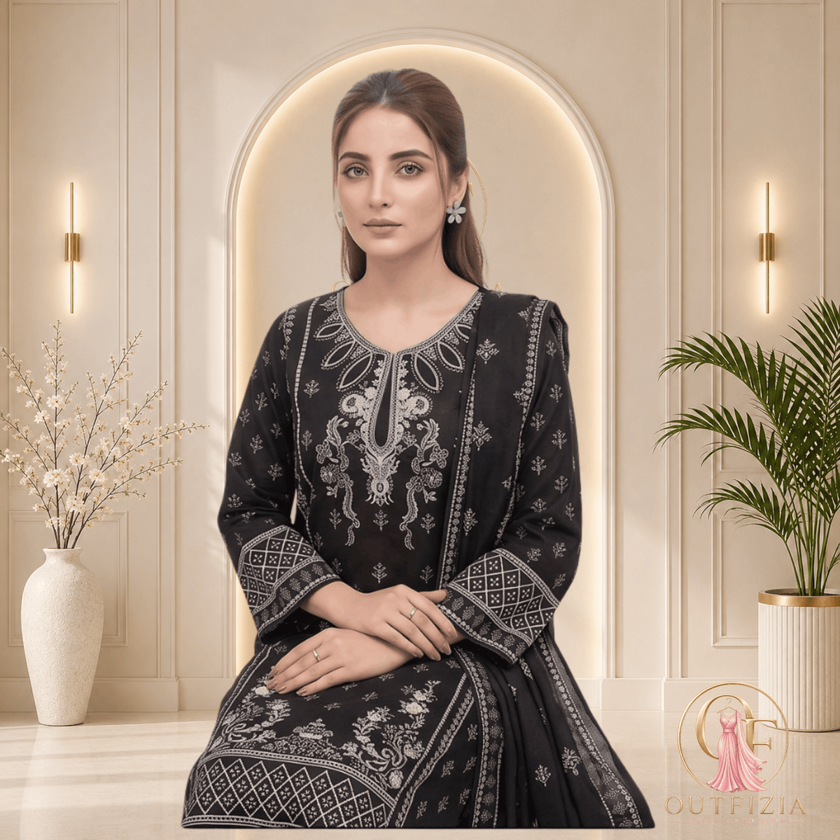ZESH Jet Black Printed Khaddar 3 Piece Suit with Monochrome Shawl - Unstitched | Outfizia