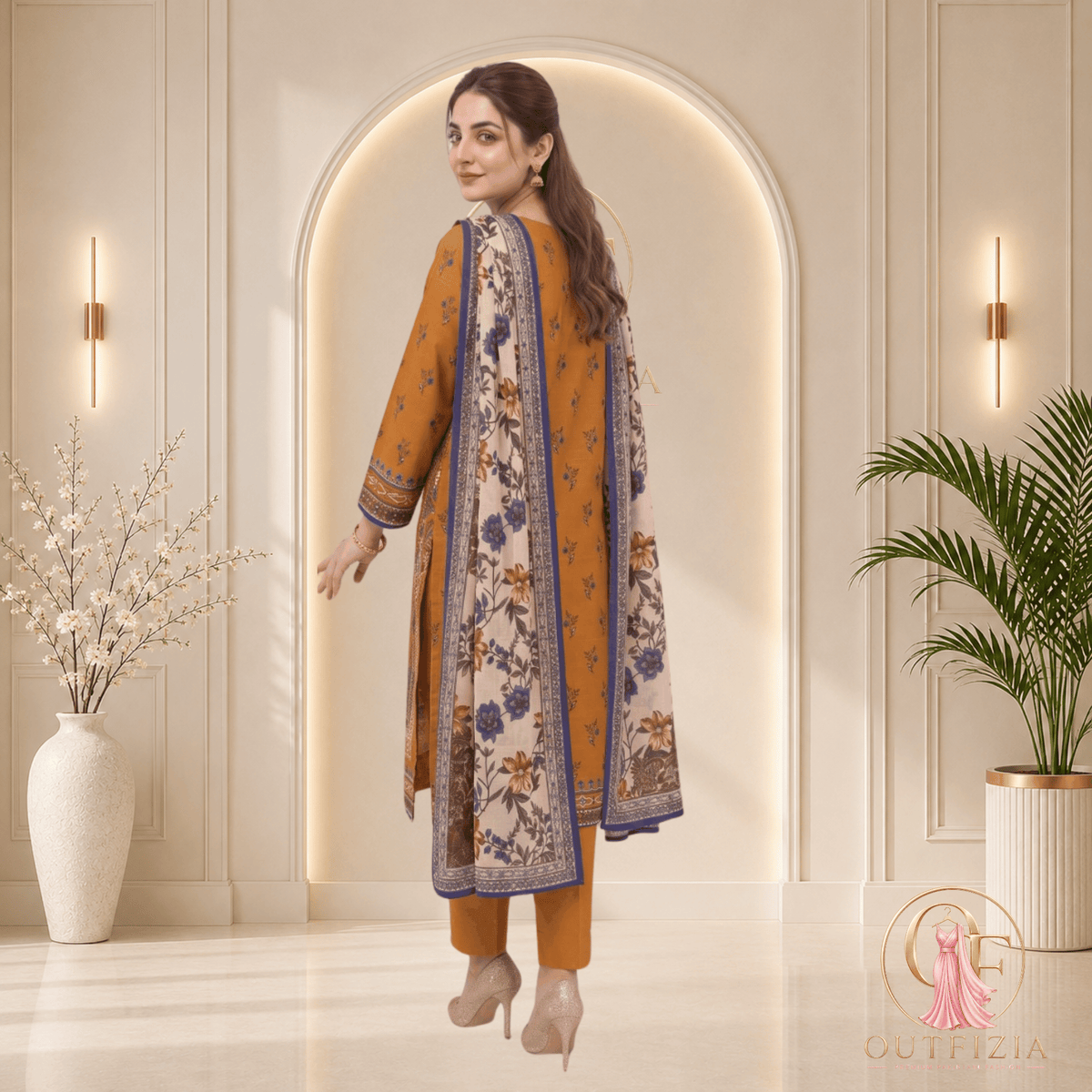 ZESH Mustard Gold Printed Khaddar 3 Piece Suit with Floral Shawl - Unstitched | Outfizia