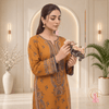 ZESH Mustard Gold Printed Khaddar 3 Piece Suit with Floral Shawl - Unstitched | Outfizia