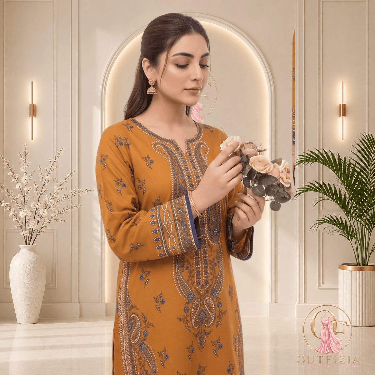 ZESH Mustard Gold Printed Khaddar 3 Piece Suit with Floral Shawl - Unstitched | Outfizia