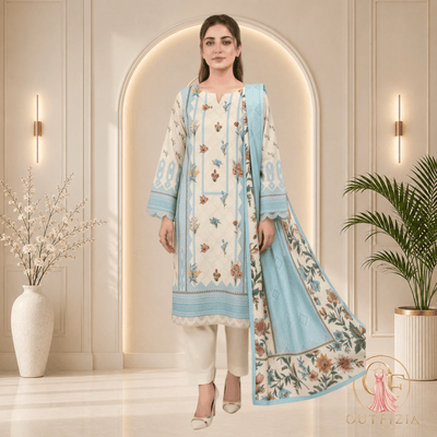 Outfizia Light Blue Digital Printed Khaddar 3 Piece Suit with Shawl - Unstitched | Outfizia