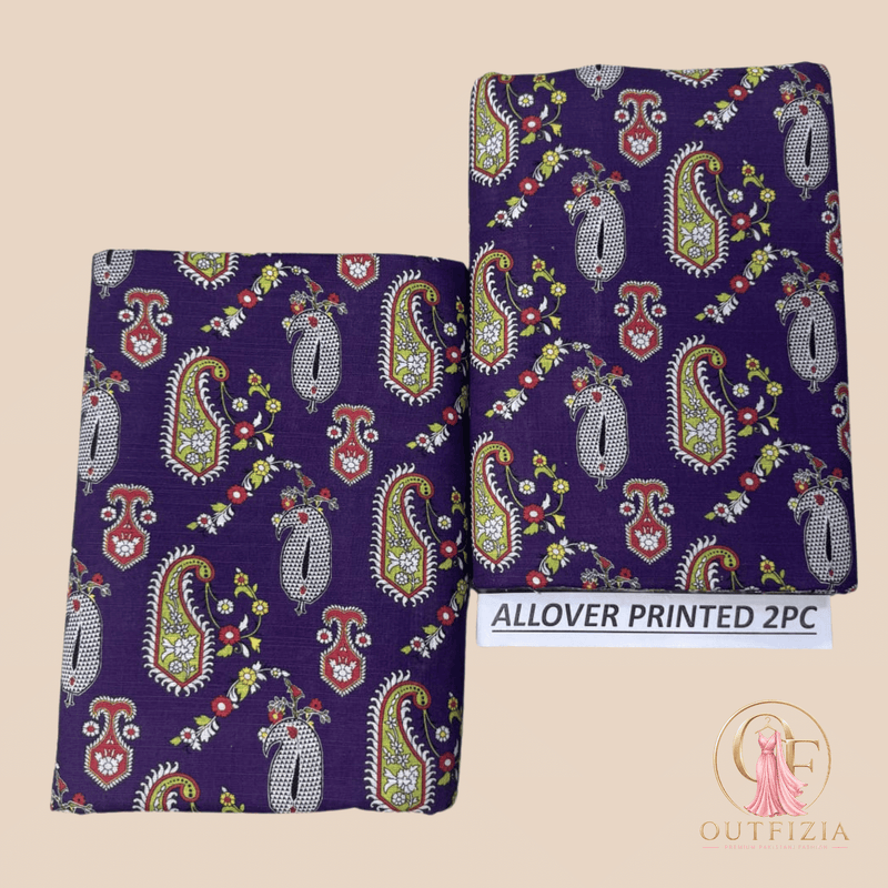 Chunri Allover Printed Khaddar 2 Piece Unstitched Suit - Deep Purple Paisley - Unstitched | Outfizia