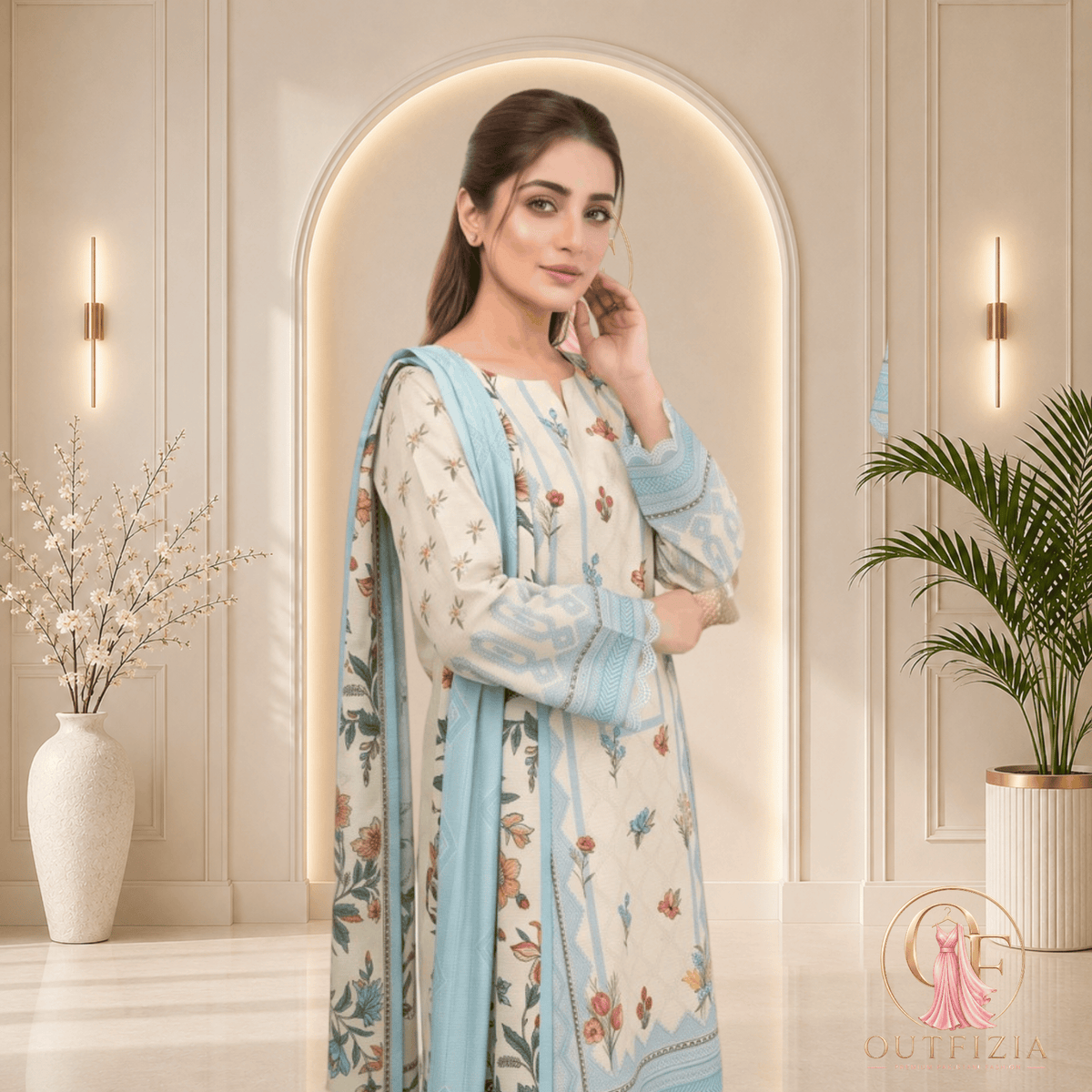 Outfizia Light Blue Digital Printed Khaddar 3 Piece Suit with Shawl - Unstitched | Outfizia