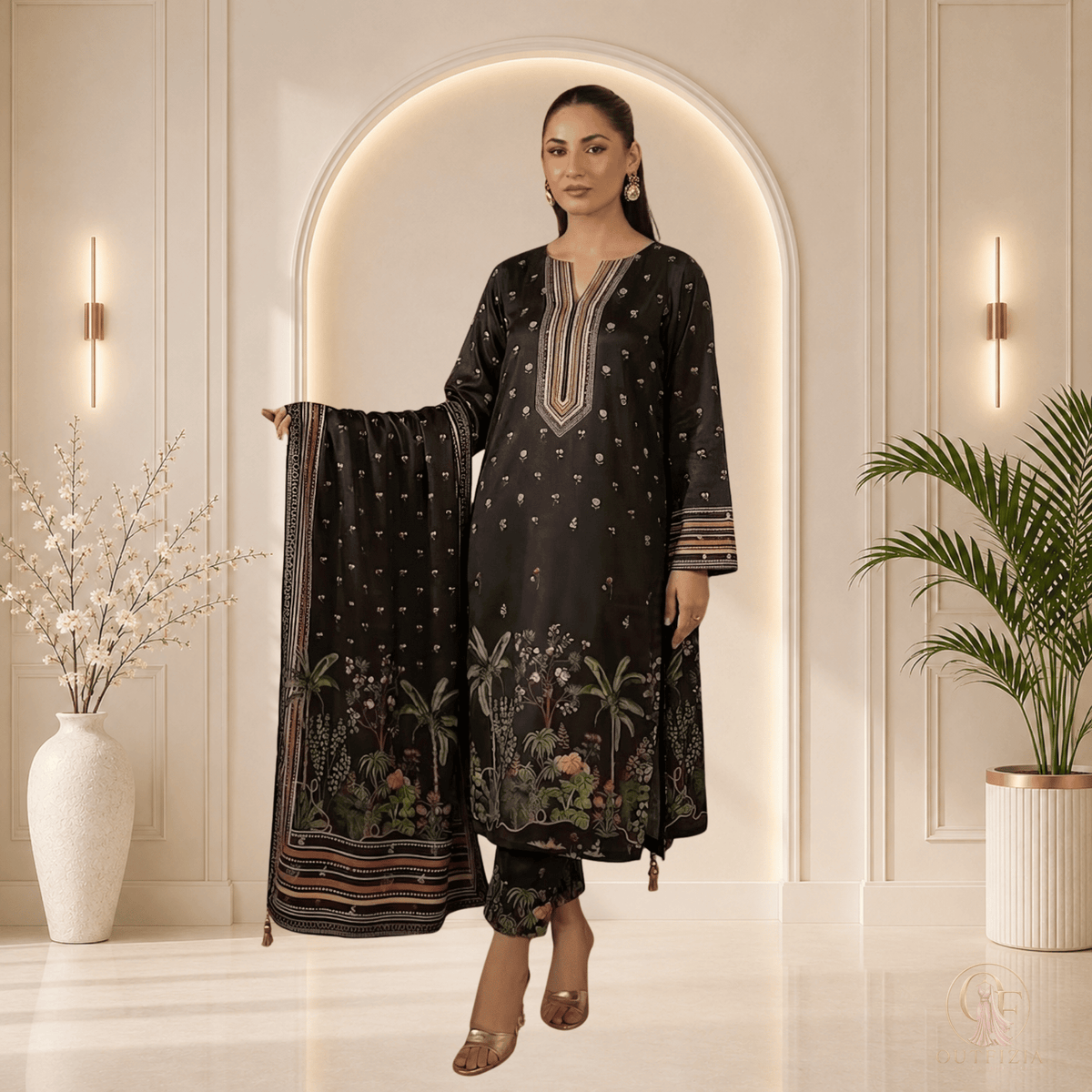 SAPPHIRE Charcoal Black Printed Shamooz Silk 3 Piece Suit - Unstitched | Outfizia