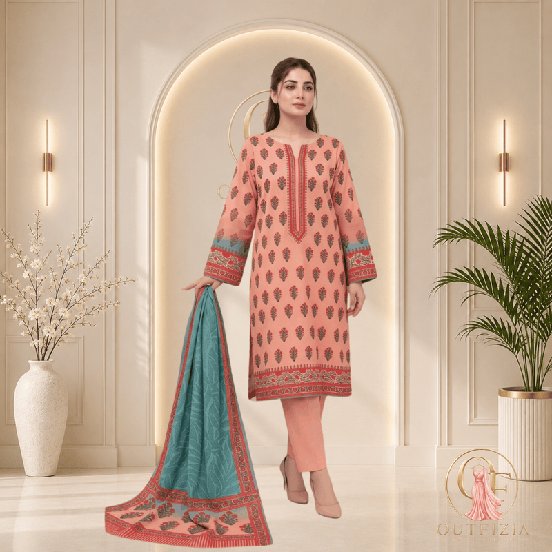 ZESH Peach & Teal Printed Khaddar 3 Piece Suit with Shawl - Unstitched | Outfizia