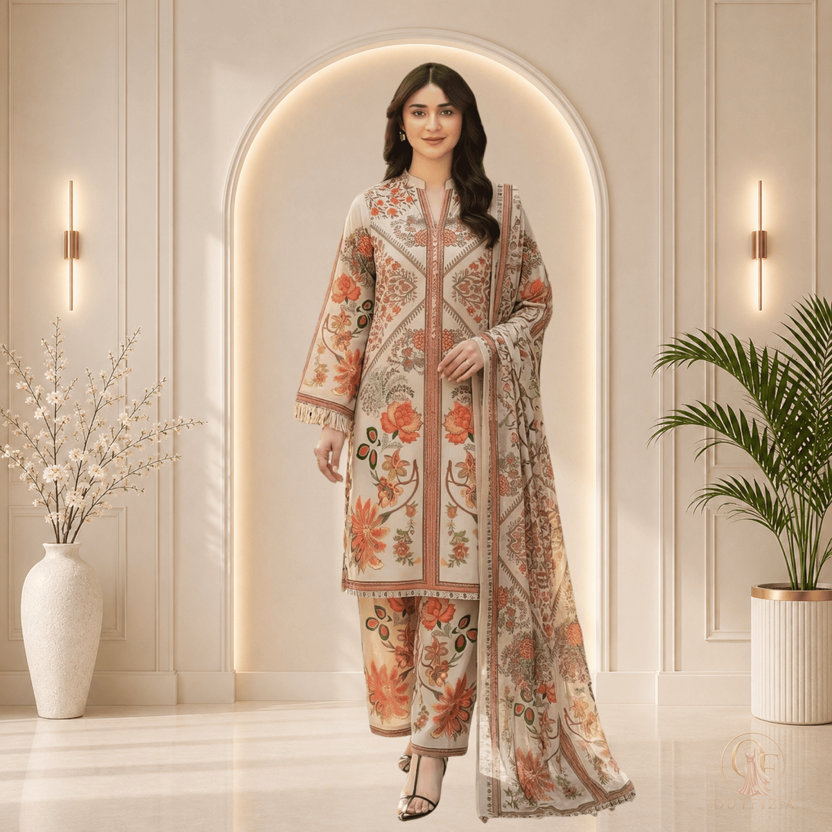 SAPPHIRE Beige Floral Printed Shamooz Silk 3 Piece Suit - Unstitched | Outfizia