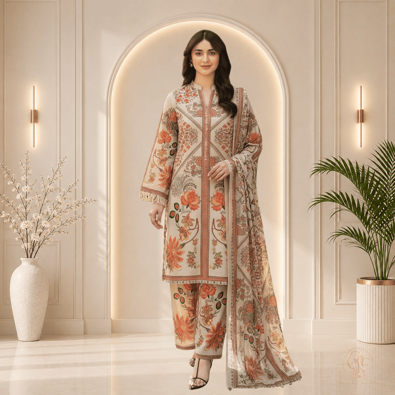 SAPPHIRE Beige Floral Printed Shamooz Silk 3 Piece Suit - Unstitched | Outfizia