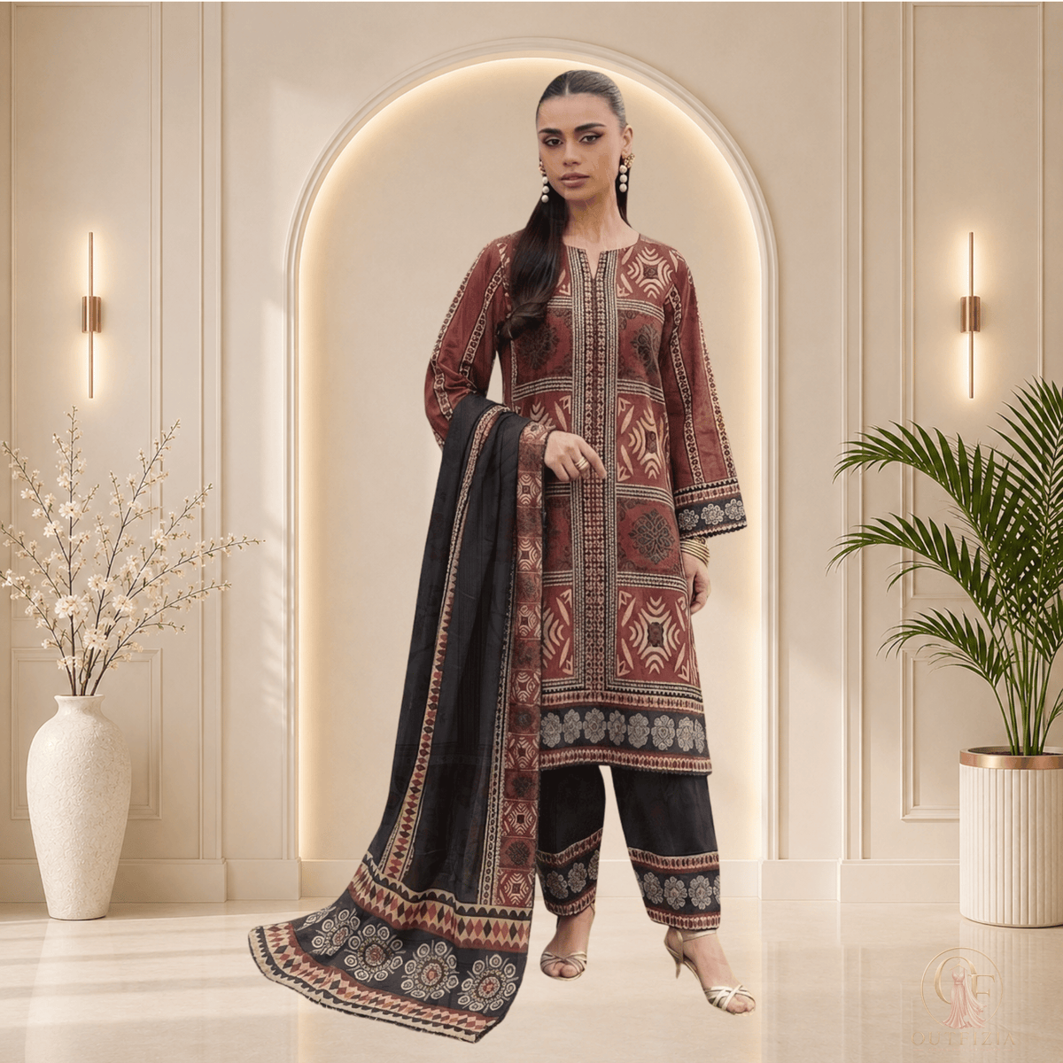 SAPPHIRE Maroon Brown & Black Printed Shamooz Silk 3 Piece Suit - Unstitched | Outfizia