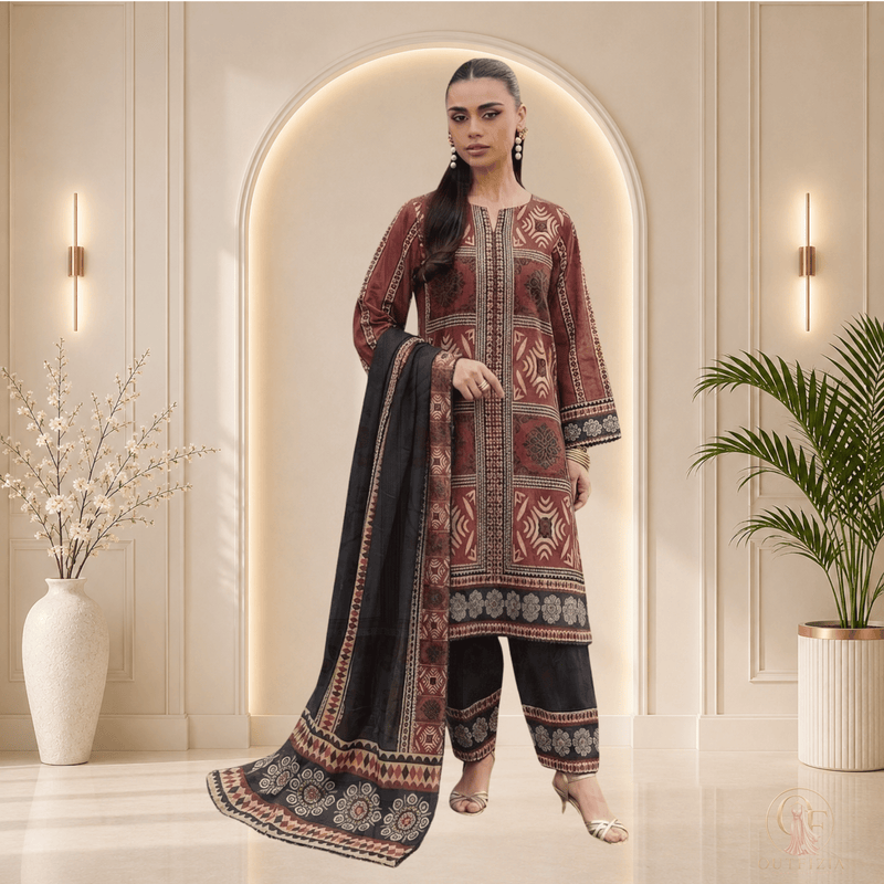 SAPPHIRE Maroon Brown & Black Printed Shamooz Silk 3 Piece Suit - Unstitched | Outfizia