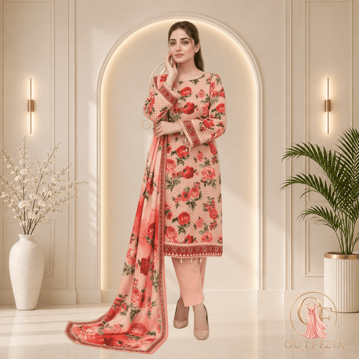 ZESH Floral Peach & Red Printed Khaddar 3 Piece Suit with Shawl - Unstitched | Outfizia
