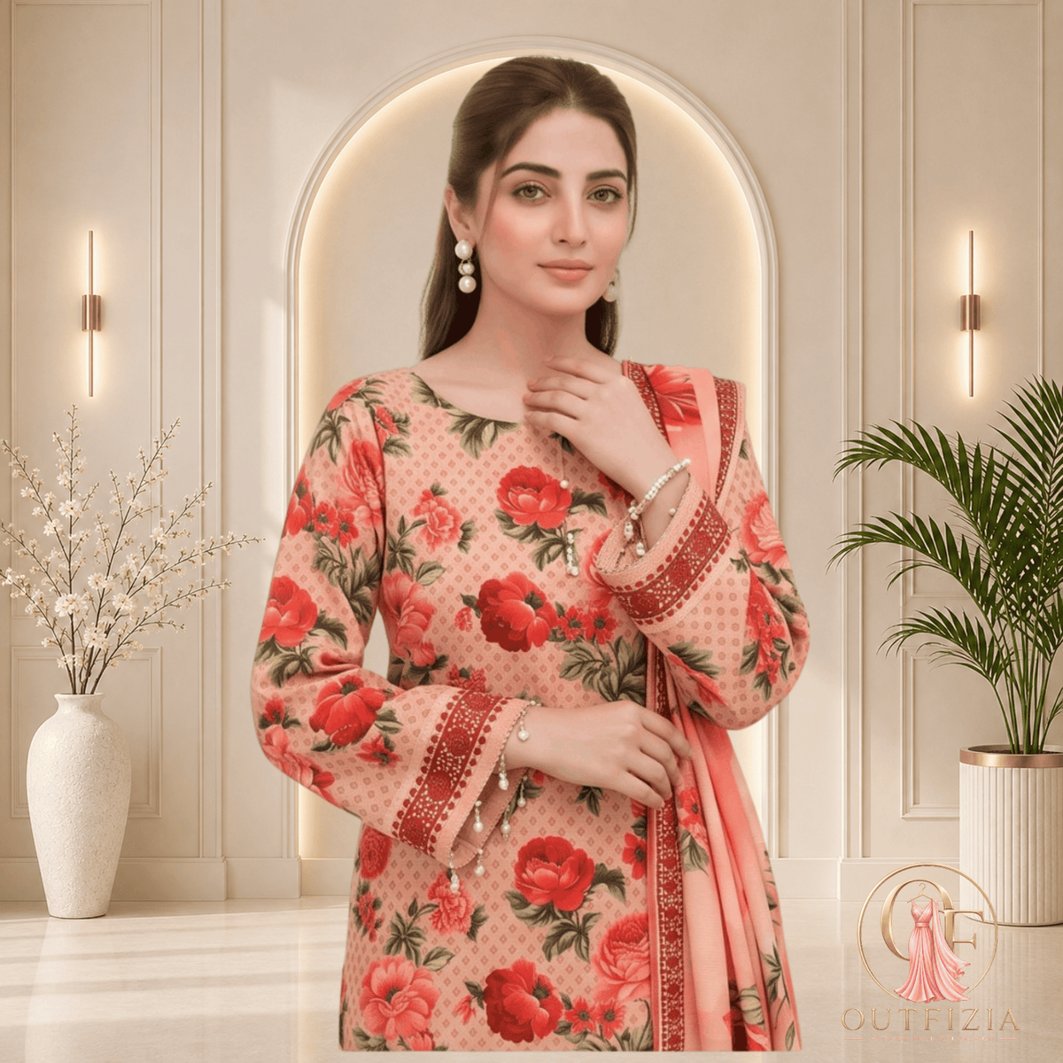 ZESH Floral Peach & Red Printed Khaddar 3 Piece Suit with Shawl - Unstitched | Outfizia