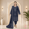 ZESH Navy Blue Printed Khaddar 3 Piece Suit with Shawl - Unstitched | Outfizia