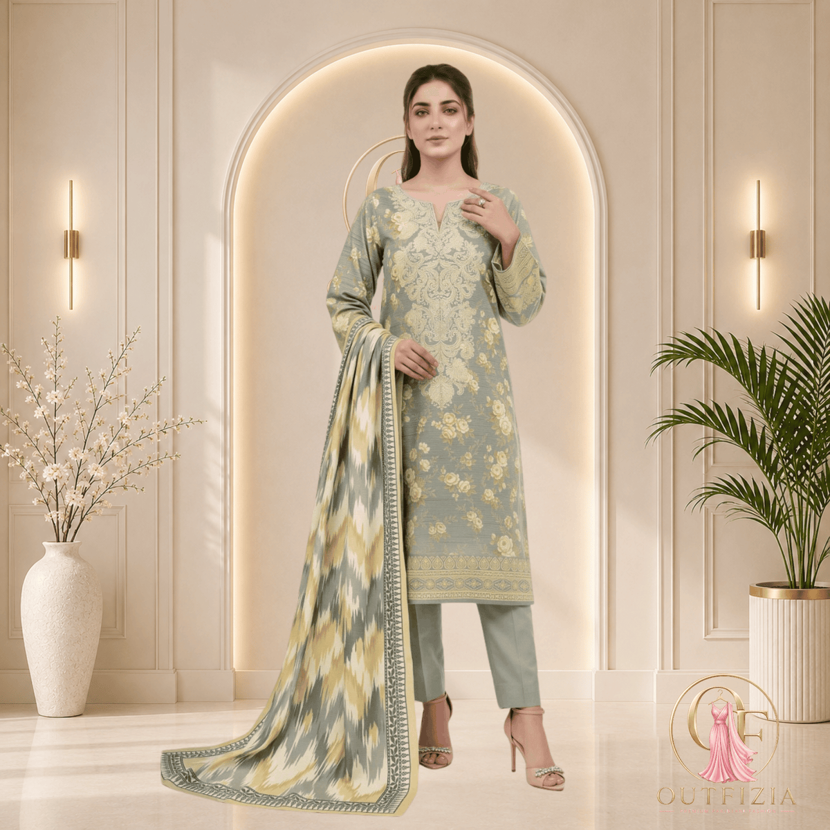 ZESH Sage Green Printed Khaddar 3 Piece Suit with Ikat Print Shawl - Unstitched | Outfizia