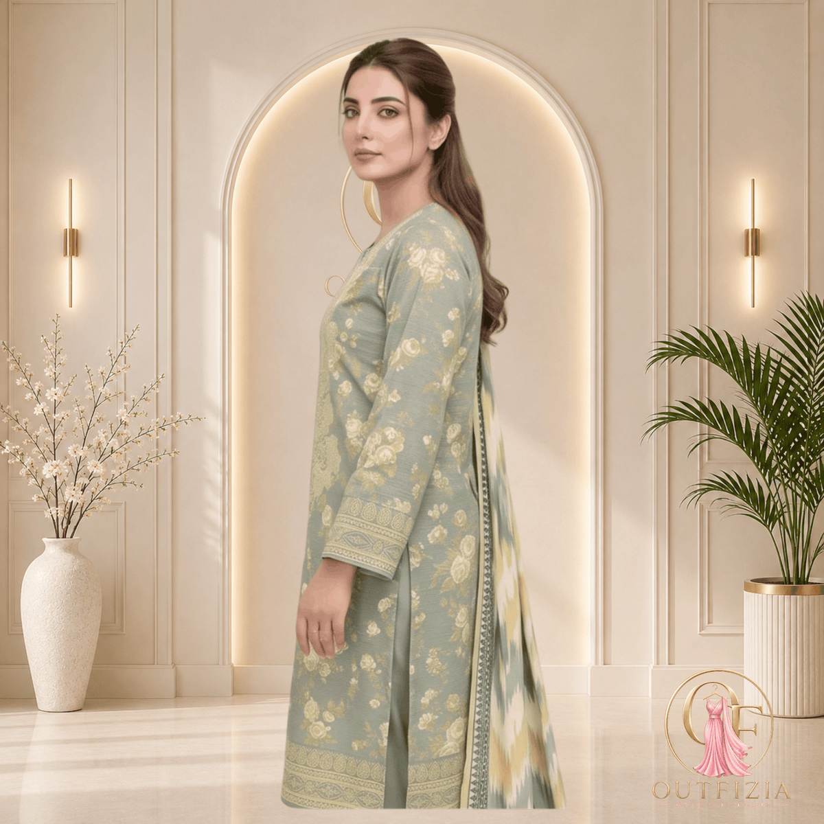 ZESH Sage Green Printed Khaddar 3 Piece Suit with Ikat Print Shawl - Unstitched | Outfizia