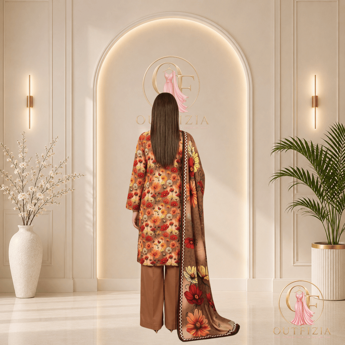 BAREEZE Digital Printed Lawn 3 Piece Unstitched Suit - Brown Rust Floral - Unstitched | Outfizia