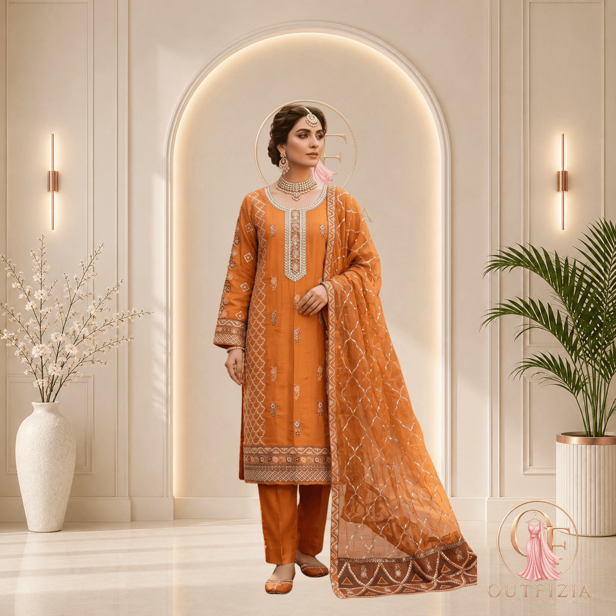 Charizma Embroidered Viscose 3 Piece Unstitched Suit - Mustard Ochre - Unstitched | Outfizia