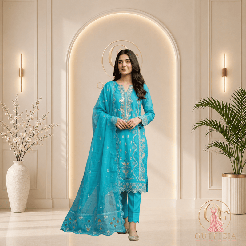 Charizma Embroidered Viscose 3 Piece Unstitched Suit - Sky Blue - Unstitched | Outfizia